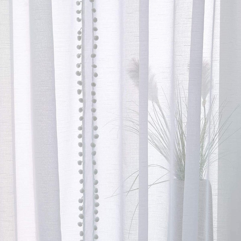 Treatmentex Pom-Pom Sheer White Curtains Extra Long 108-inch for Living Room, Slub Linen Textured White Sheer Window Drapes for Bedroom 2 Pack 52" w - Image 5
